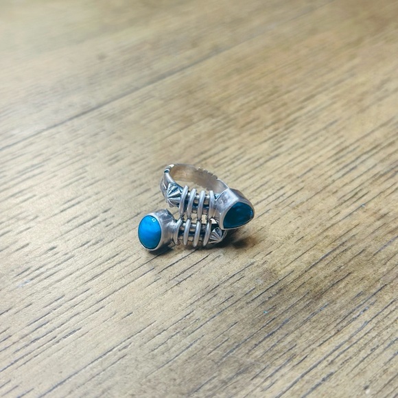 American West Authentic Turquoise and Blue Topaz Sterling Silver Ring Size 7 - Picture 3 of 7